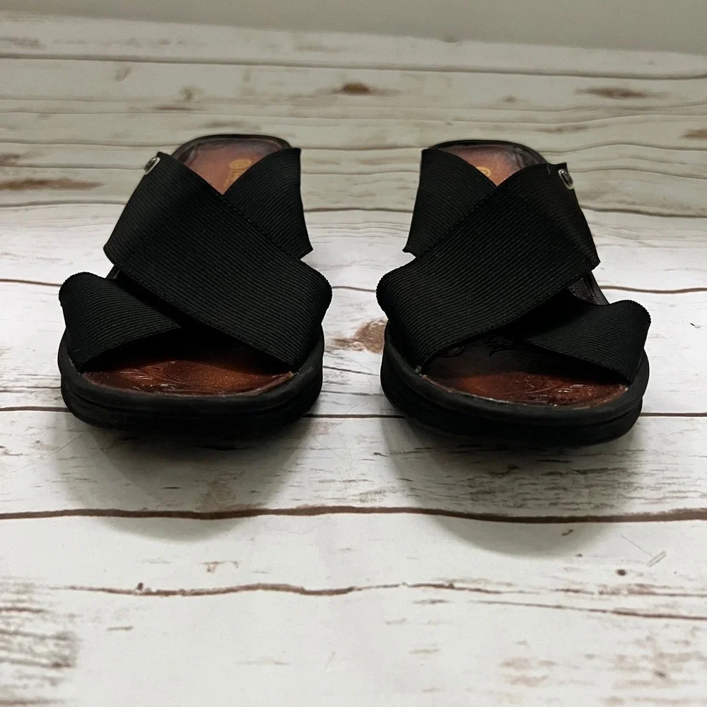 Bzees Desire Slide Sandals Black Stretch Cross Strap Wedge 7.5M